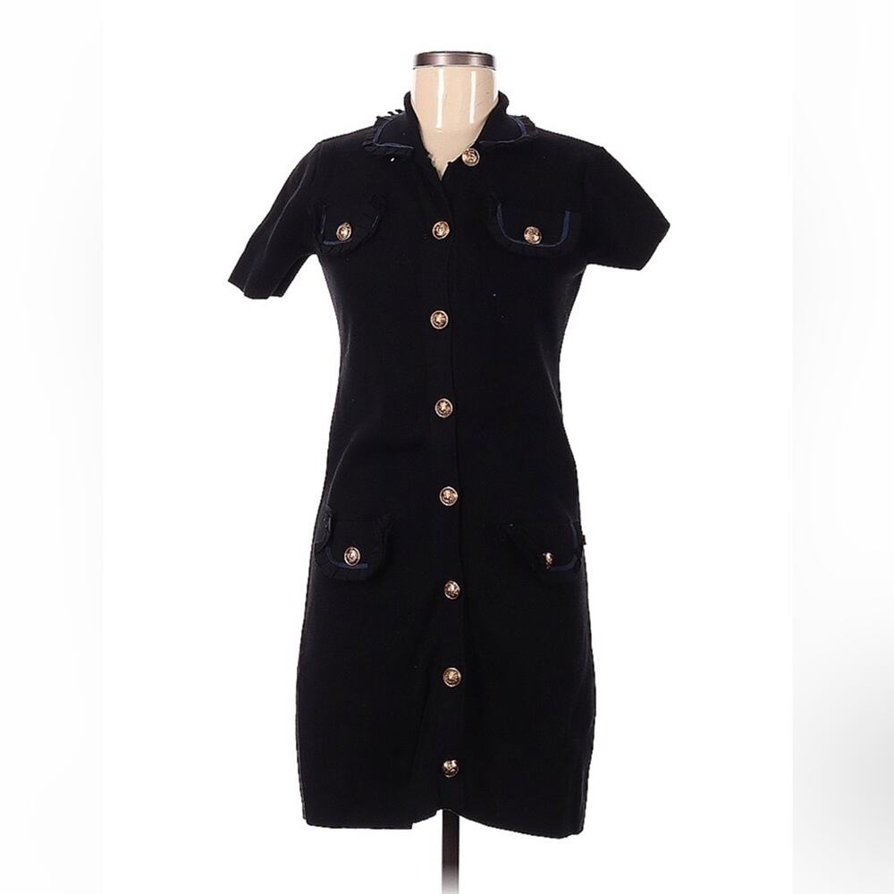Colou Power gold butten and ruffle‎ accent knit black sheath dress, med